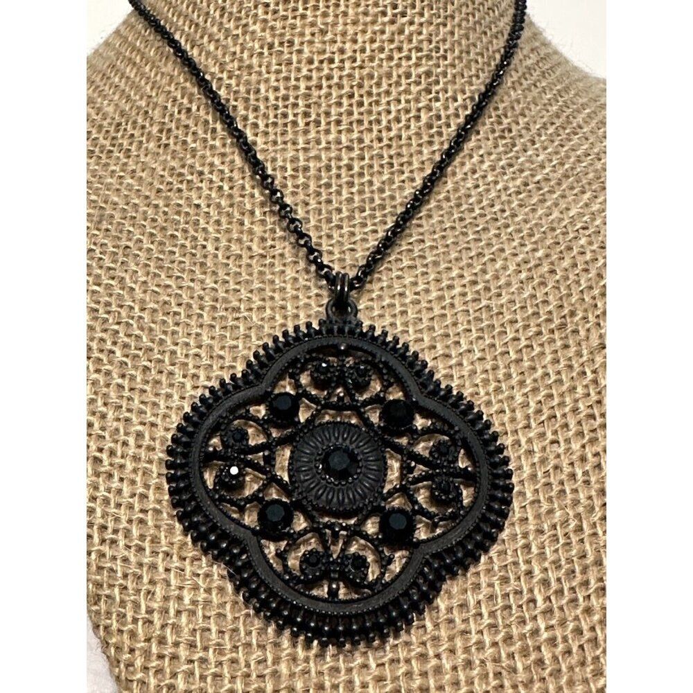 Express Women's Black Metal Lace Rhinestone Pendant Statement Necklace Goth
